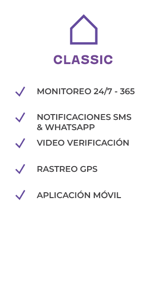 Plan Classic Monitoreo 24/7, 365 días Notificaciones SMS WhatsApp Video verificación Rastreo GPS Apliación Móvil