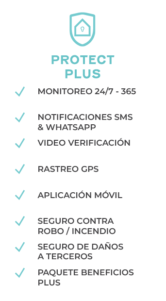 Plan Protect Plus Monitoreo 24/7, 365 días Notificaciones SMS WhatsApp Video verificación Rastreo GPS Apliación Móvil seguro contra robo incendios seguro de daño a terceros paquete beneficios plus